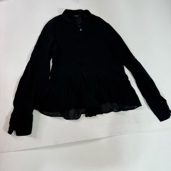 Theory Shirt Women Large Black Silk Pleated Button Down Dionelle Texture Chiffon - Picture 1 of 9